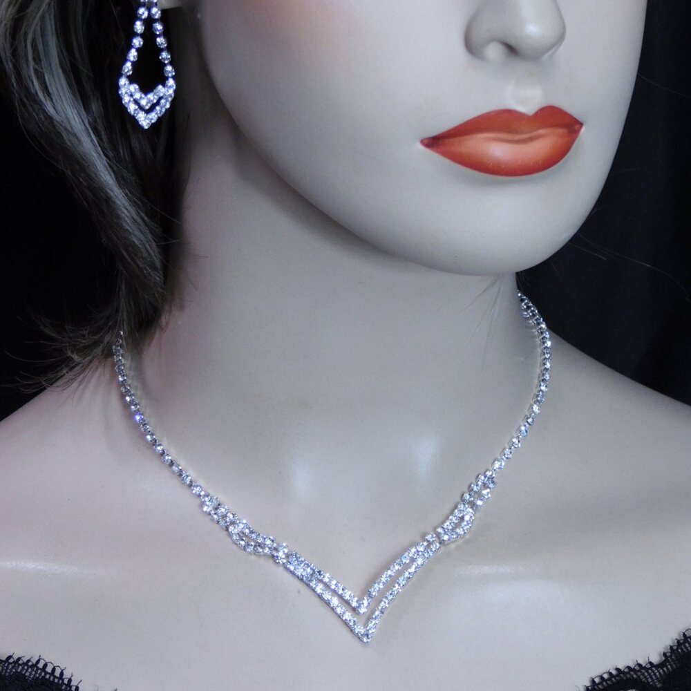 Necklace and Earrings Set Silver Rhinestone diamond crystal Bridal Set